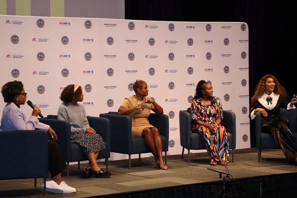 City of Atlanta chief equity officer Candace M. Stanciel led the International Day of the Girl panel, which included Laila Shannon, Karen Graham, Sarah Fontenot, and Bria Janelle, from left to right. Ambria Burton/GPB News
