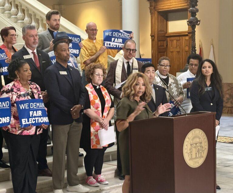 At an Aug. 26 news conference, Democratic U.S. Rep. Lucy McBath accused three conservative Georgia State Election Board members of conducting an illegal meeting and passing new election certification rules that could be used by Donald Trump and Trump supporters to “throw our country into chaos.” Stanley Dunlap/Georgia Recorder
