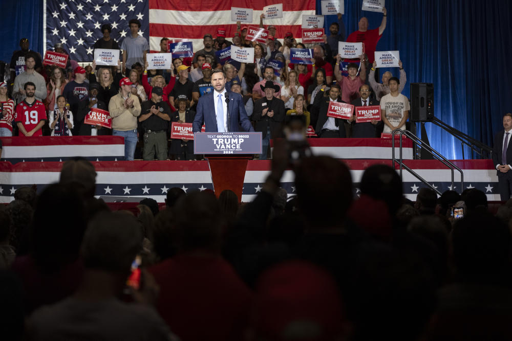 Republican vice presidential nominee Sen. JD Vance, R-Ohio, speaks at a campaign rally in Atlanta, Saturday, Oct. 26, 2024.
