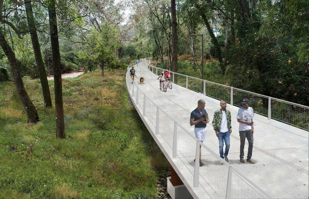 An illustration of Northwest Trail Segment 1 proposed elevated trail along Peachtree Creek looking west from Kinsey Court. Atlanta Beltline