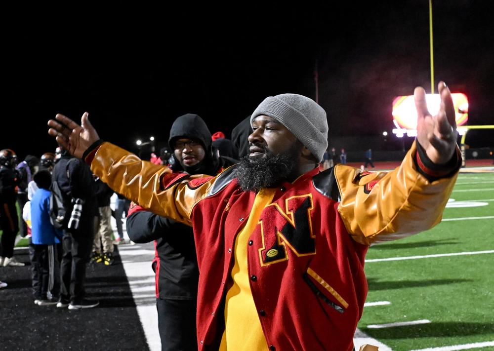 Northeast head coach Jeremy Wiggins gestures toward the stands in the final seconds of the Raiders’ 46-14 win over Fitzgerald in Friday night’s GHSA state semifinal game. Jason Vorhees / The Melody