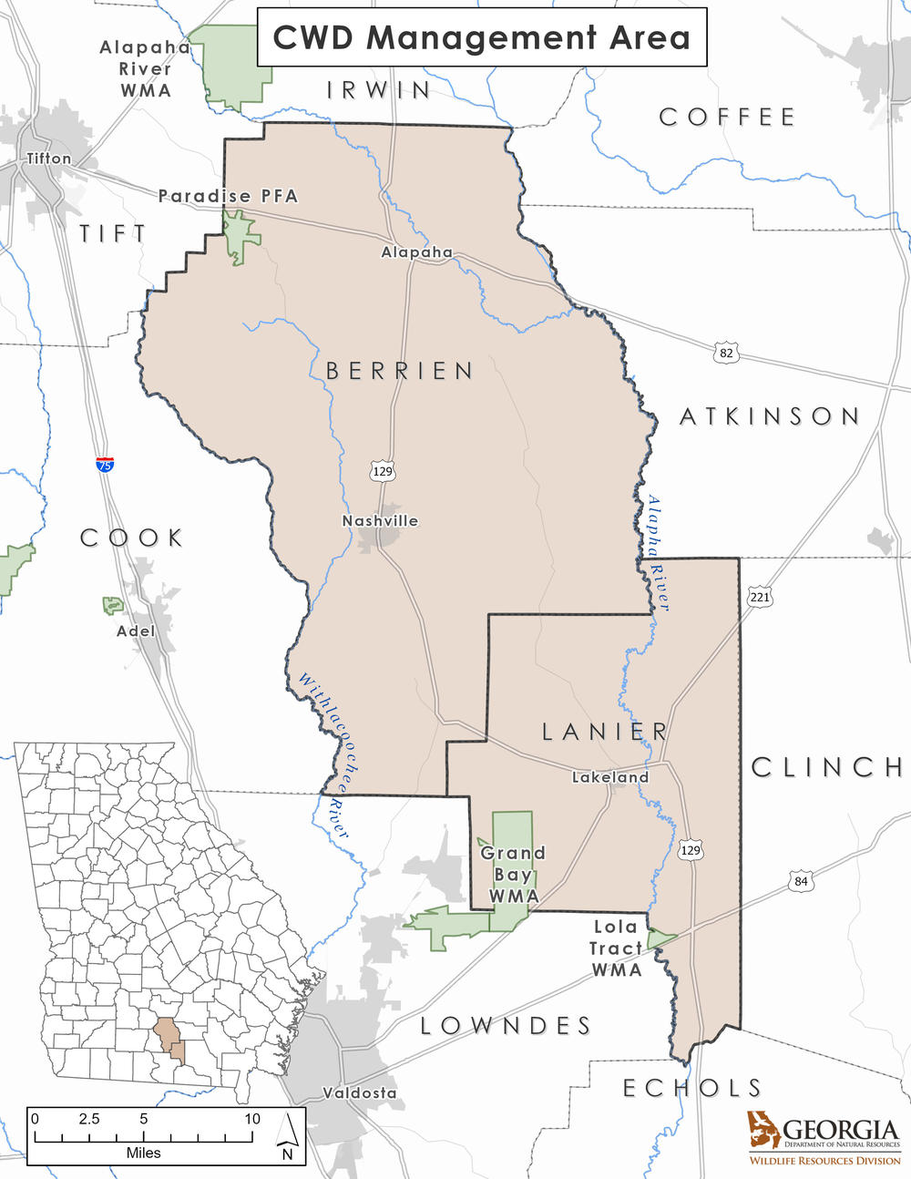 The chronic wasting disease management area in Georgia as of Jan. 27, 2025.