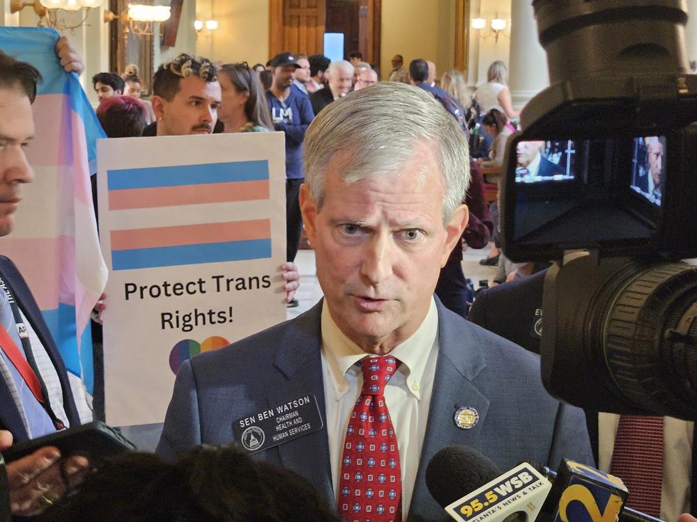 In this 2024 file photo, Sen. Ben Watson speaks to reporters about his bill banning puberty blockers from transgender minors. Ross Williams/Georgia Recorder