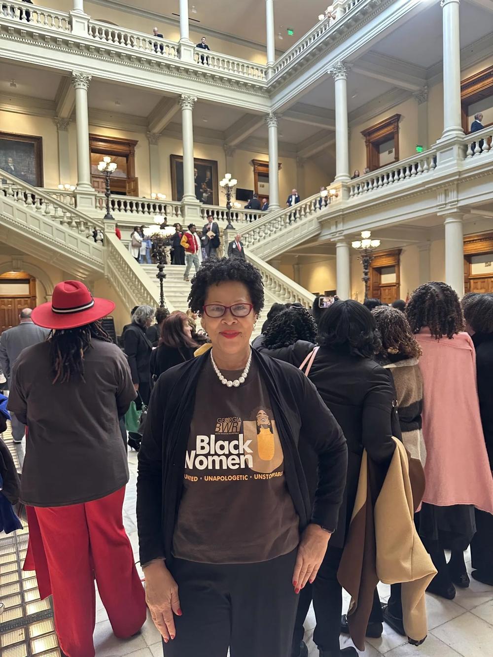Linda Jordan (above) wore her Georgia Black Women’s Roundtable t-shirt to the State Capitol for the gathering.  Photo by Donnell Suggs/The Atlanta Voice