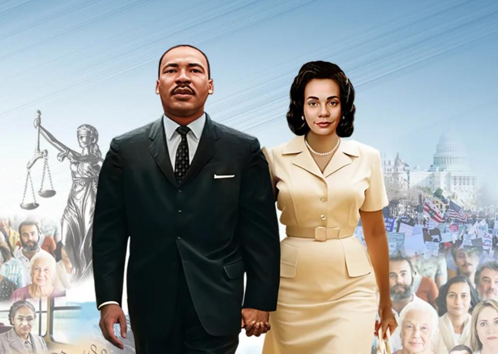 A painting of Martin Luther King Jr. and Coretta Scott King