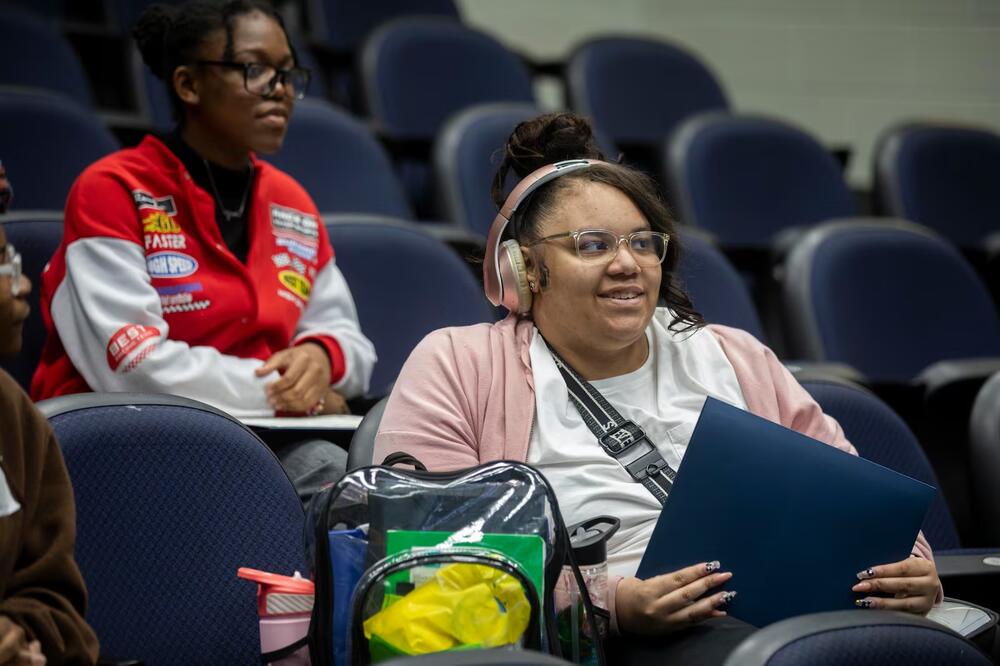 Charles Drew High School sophomore Aaliyah Taylor speaks during the Young, Gifted and Caregiving inaugural class at Charles Drew High School in Riverdale, Georgia, on March 12. (Alyssa Pointer / Healthbeat) 