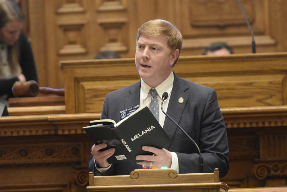  Sen. Blake Tillery reads from first lady Melania Trump’s book, in which she said she was debanked. Tillery’s debanking bill failed in the Senate by a wide margin. Ross Williams/Georgia Recorder