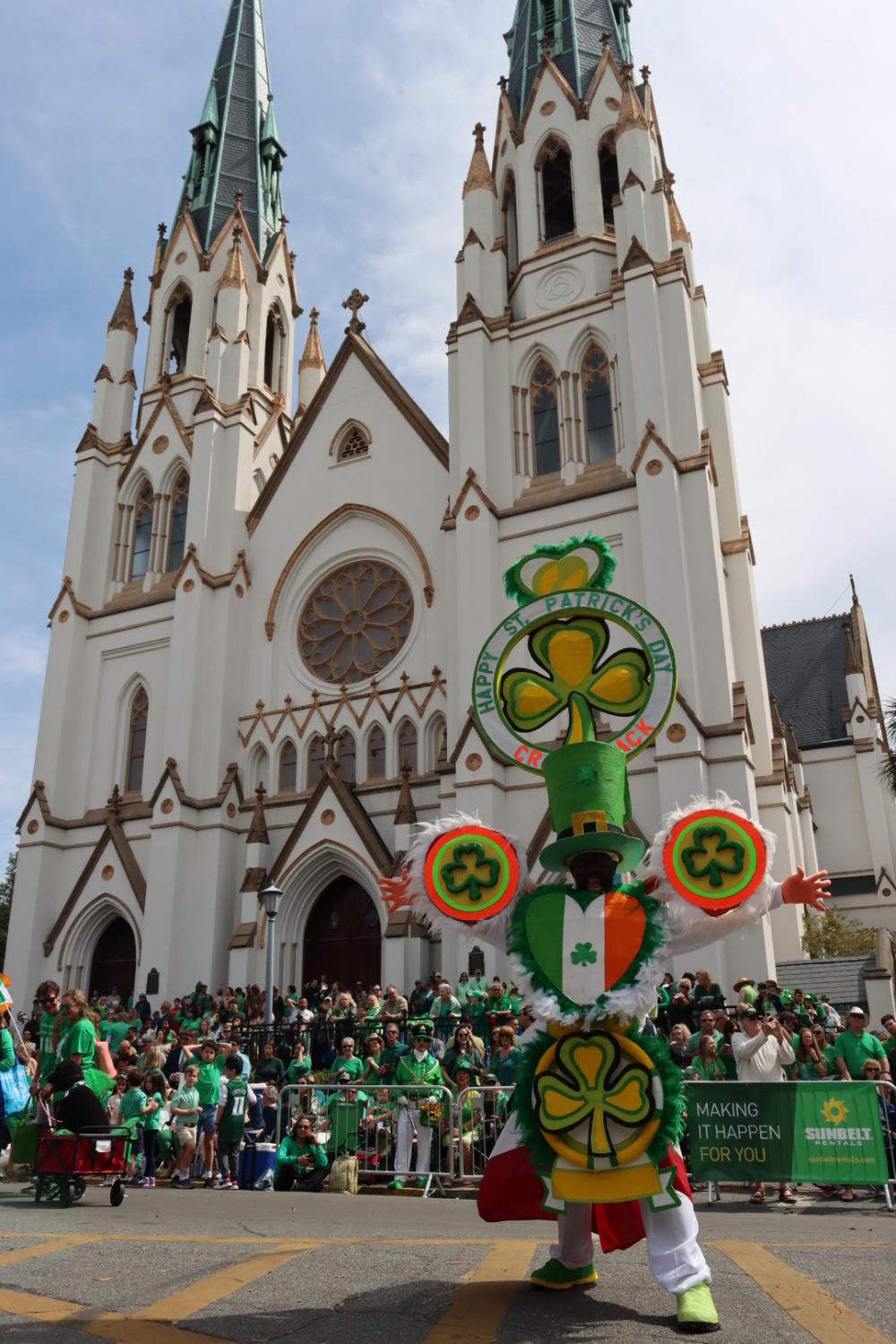 Savannah's Cathedral of St. John the Baptist featured in the background of the 2025 St. Patrick's Day parade. Credit: The Original Crab Shack