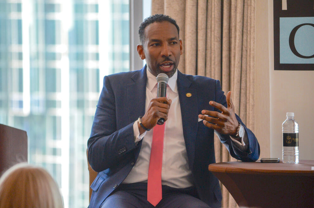 Atlanta Mayor Andre Dickens speaks to members of the Atlanta Press Club on March 27, 2025.