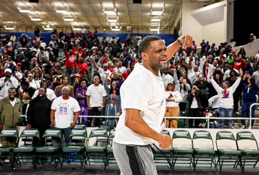 Southwest head coach Monquencio Hardnett celebrates after the Patriots’ 65-54 semifinal win over Toombs County. Southwest will play B.E.S.T. Academy for the state championship Saturday at the Macon Coliseum. Jason Vorhees / The Melody