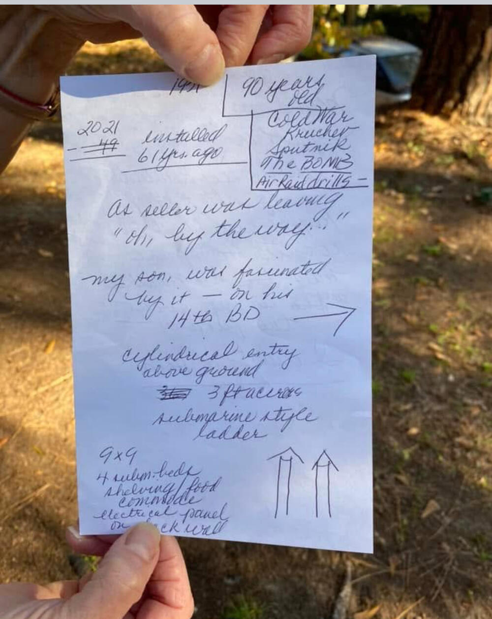 Note from Shalhoub family member detailing their home bomb shelter.