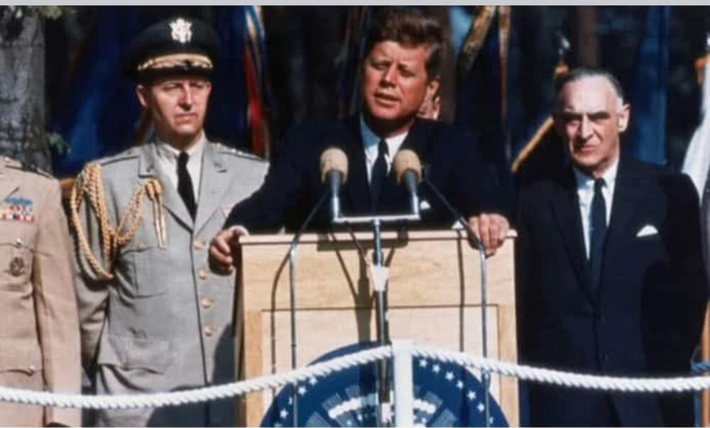 President John F. Kennedy advocating that every American family build a bomb shelter at home, speaks on October 6, 1961.