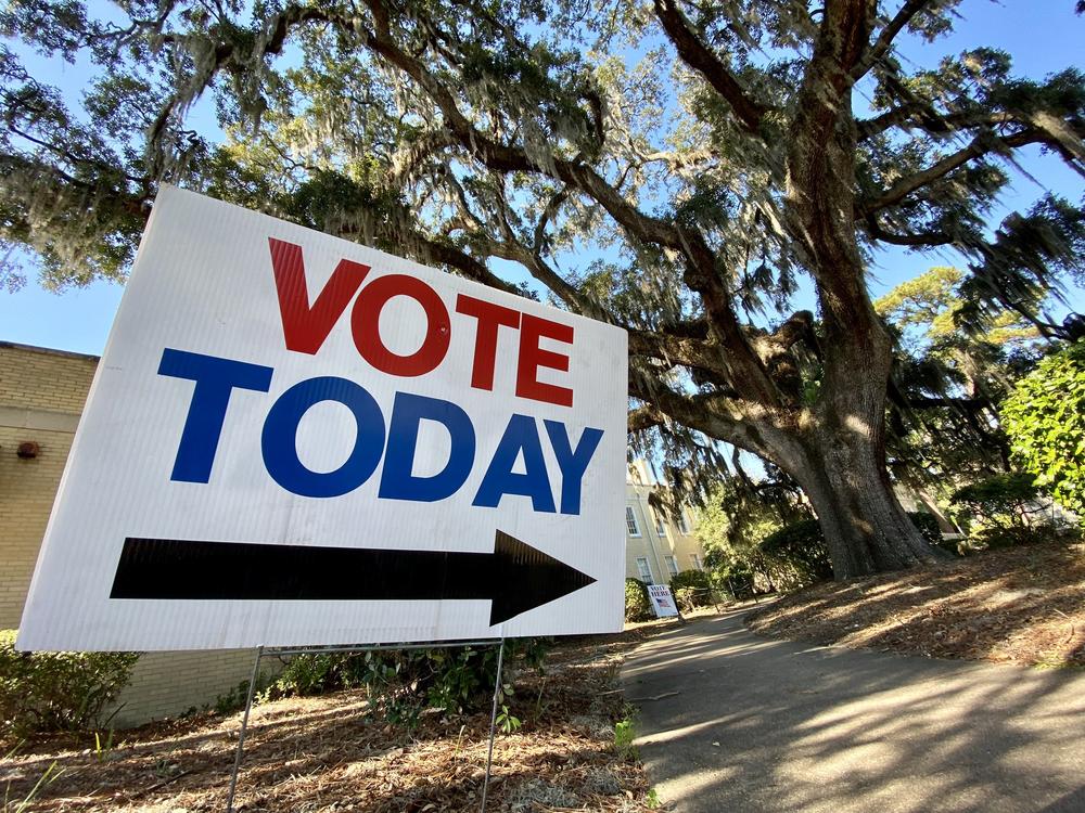A yard sign reading "vote today" sits outside a polling place in Savannah, with a live oak tree and Spanish moss in the background.