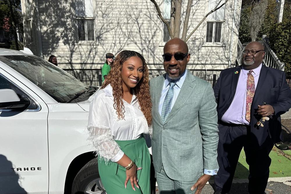 Georgia U.S. Sen. Raphael Warnock, from Savannah, pictured with a Chatham County Sheriff’s Office employee at the Savannah St. Patrick's Day parade on March 17, 2025. Credit: Brianna Jones/Facebook