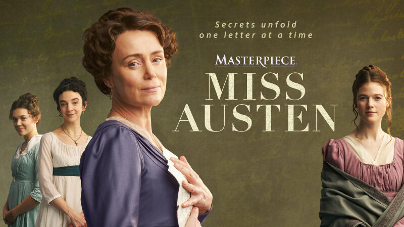 Actors in Miss Austen posing for title card with caption "Secrets unfold one letter at a time" "MASTERPIECE: Miss Austen"