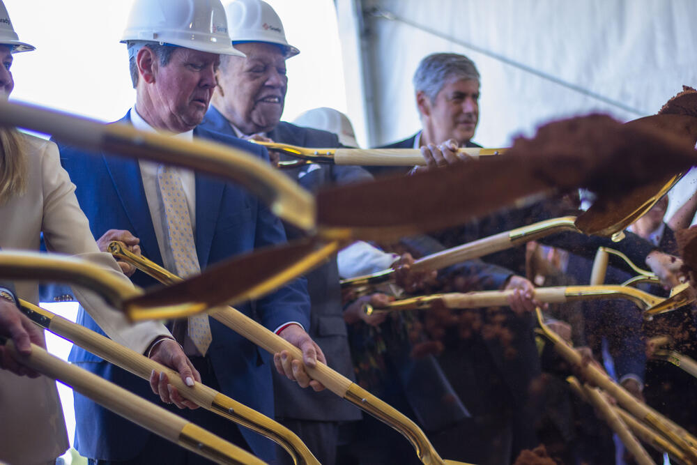 Governor Brian Kemp alongside Fulton County Commission Chairman Robb Pitts at the groundbreaking of Grady's new freestanding emergency room in Union City, on April 9, 2025.