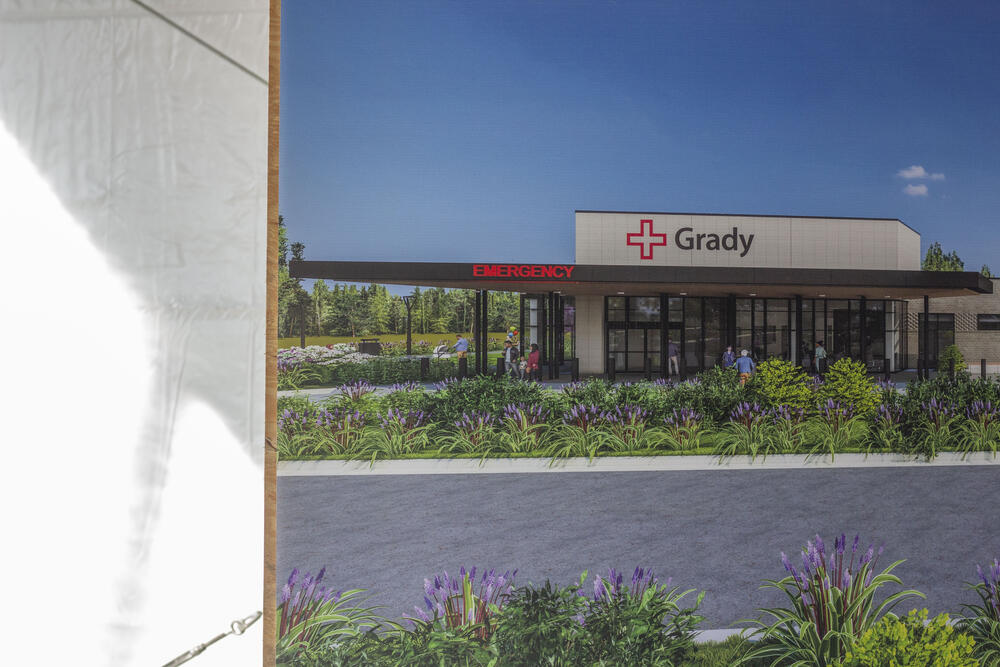 A rendering of Grady's freestanding emergency room to be constructed in the same plaza as a slew of Fulton County offices on Campbellton Fairburn Road, displayed at a groundbreaking on April 9, 2025.