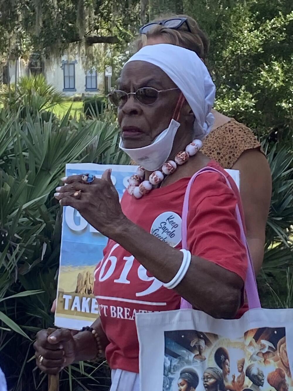 Alberta Mabry speaks to a press conference marking the submission of a petition to repeal the new zoning ordinance affecting Hogg Hummock on Sapelo Island. Credit: Susan Catron/The Current GA