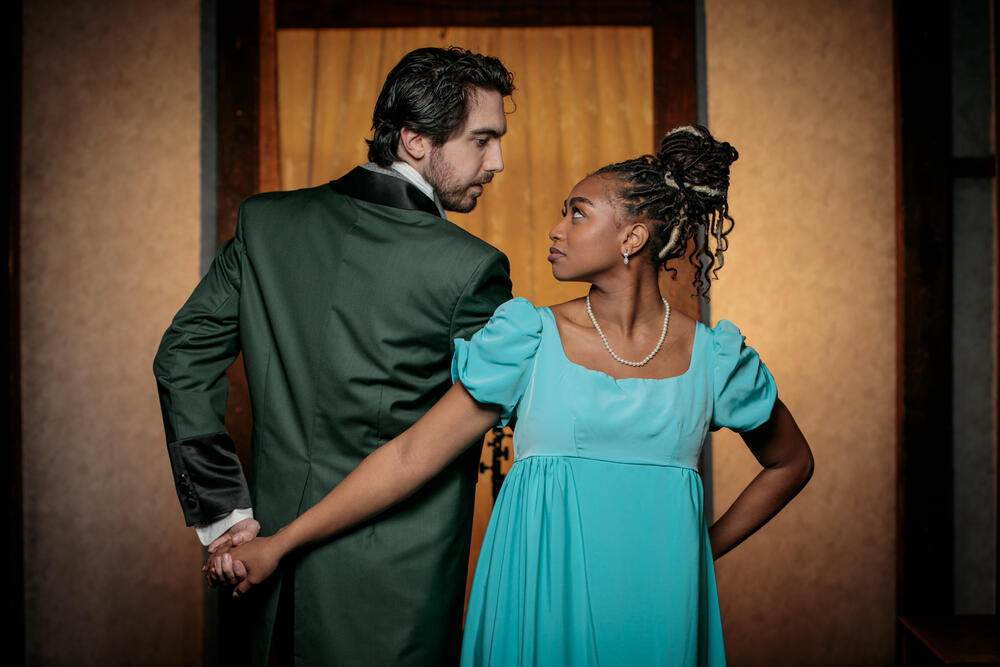 Nicholas Tycho Reed and Tyra Watkins in Atlanta Shakespeare Company's Pride and Prejudice as Mr. Darcy and Elizabeth Bennet
