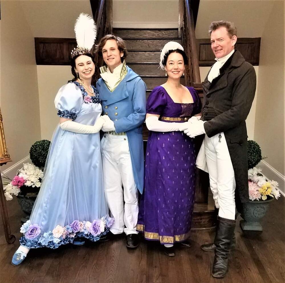 Regency dancers pose at a Jane Austen-themed dance with Atlanta Historic Dance