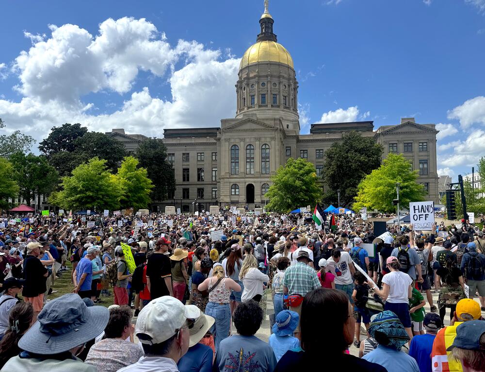 Thousands marched to Liberty Plaza across from the Georgia Capitol in downtown Atlanta on April 5, 2025 to protest the Trump administration's handling of government programs and agencies.