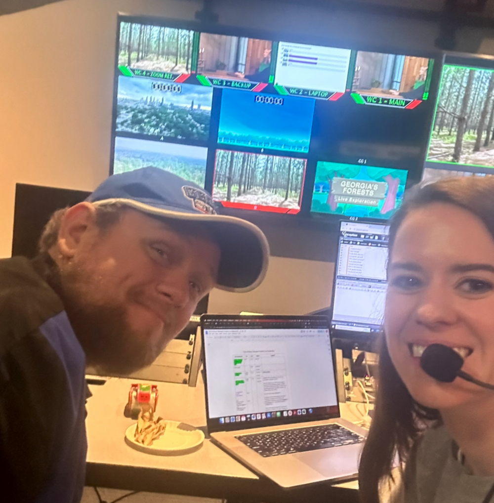 Editor Jonathan Reedy and Executive Producer Mary Anne Lane in the control room for Georgia's Forests Live Exploration.