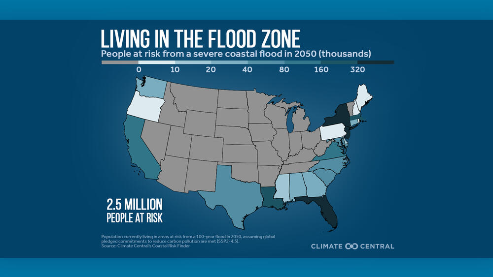 A map from the science nonprofit Climate Central shows the state-by-state risk for severe flood vulnerability by population along the East, Gulf, and West Coasts.