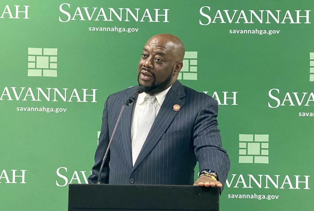 Savannah Mayor Van Johnson speaks during a news conference at the Savannah Civic Center on Tuesday, April 8.
