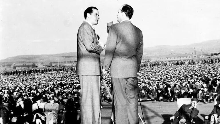 Bob Hope and Bing Crosby entertaining troops during WWII.