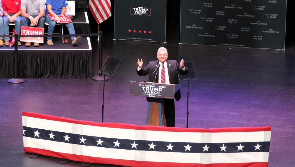 U.S. Rep. Buddy Carter speaks at a Trump campaign rally at the Savannah Civic Center on Sept. 24, 2024.