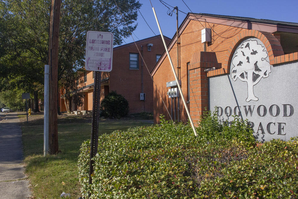 An entrance to the Dogwood Terrace public housing complex in Augusta where in 2021, tenant Christina Guy was shot in the leg.