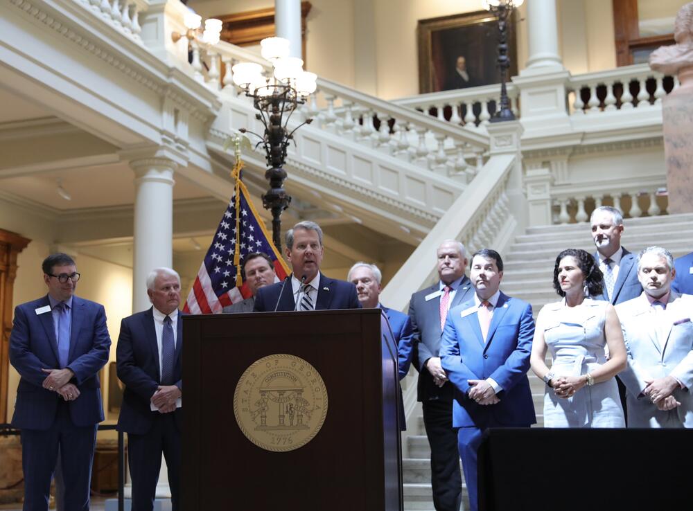 Georgia Governor Brian Kemp at the state Capitol on Monday just before he signed a series of workforce development bills into law.
