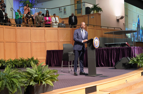 Warnock speaking to constituents at his town hall near Atlanta on May 4, 2025. (Sen. Raphael Warnock)