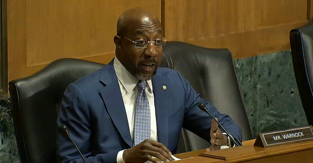 Georgia Sen. Raphael Warnock during the questioning of Department of Health and Human Services Deputy Secretary nominee Jim O'Neill about the firing of CDC employees on May 6, 2025. (Screenshot)