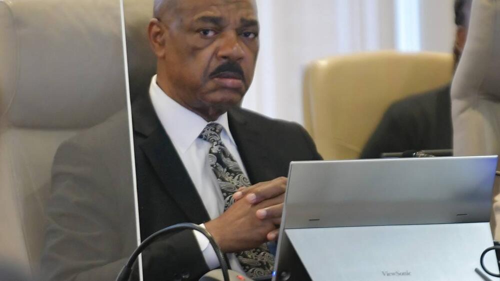 Then-Columbus city manager Isaiah Hugley listens during the public agenda at the March 25, 2025, Columbus Council meeting.