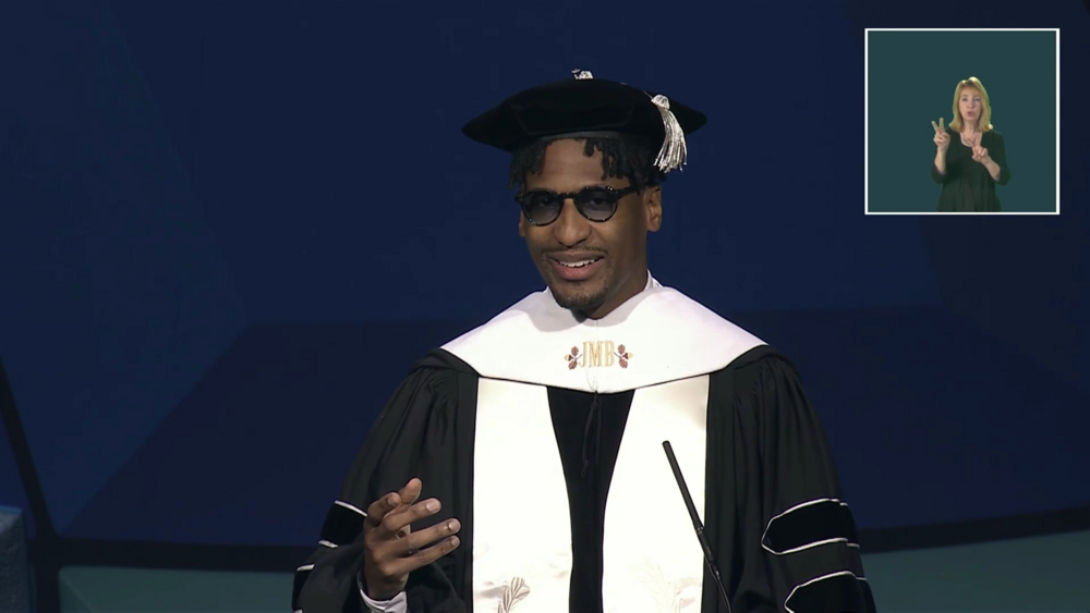 Jon Batiste speaks at the Savannah College of Art and Design's spring 2025 commencement ceremony at the Savannah Convention Center on May 30.