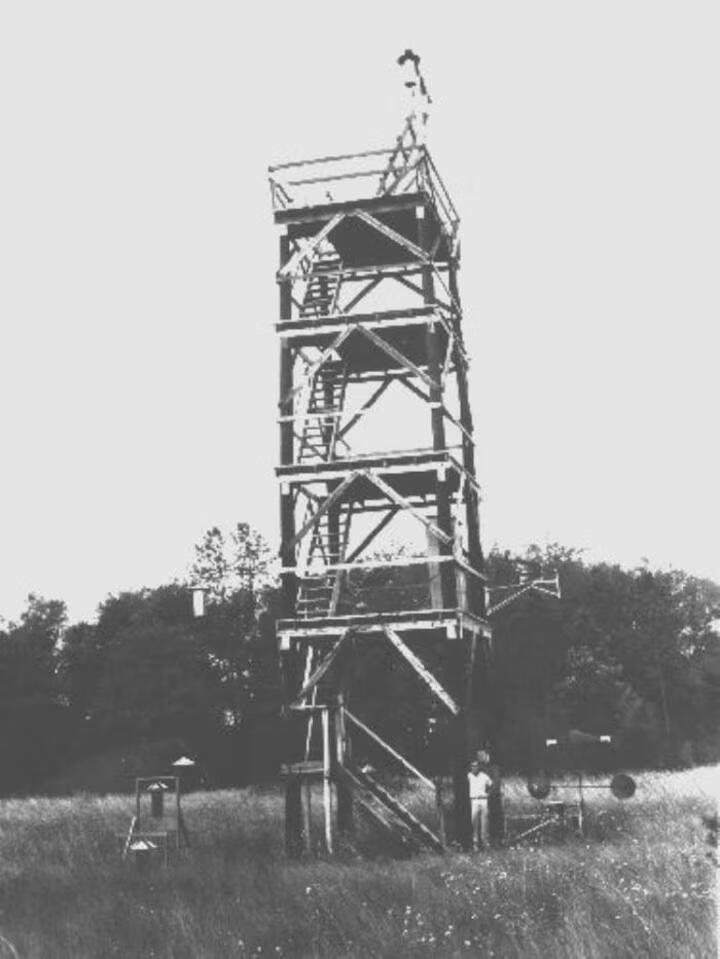 This image from 1954 shows the Mossy Pond tower on the Ichauway Plantation in Newton, Georgia. The wooden structure was used to trap insects. (Courtesy of CDC)