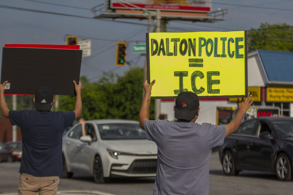 A couple hundred people protested in Dalton against the detainment of student and longtime resident, Ximena Arias-Cristobal, on Wednesday, May 14, 2025. Arias-Cristobal was arrested by local police during a traffic stop and sent to an ICE detention center in South Georgia shortly after, because she does not have valid U.S. citizenship. Whitfield County law enforcement has one of the longest standing partnerships with federal immigration enforcement in Georgia.