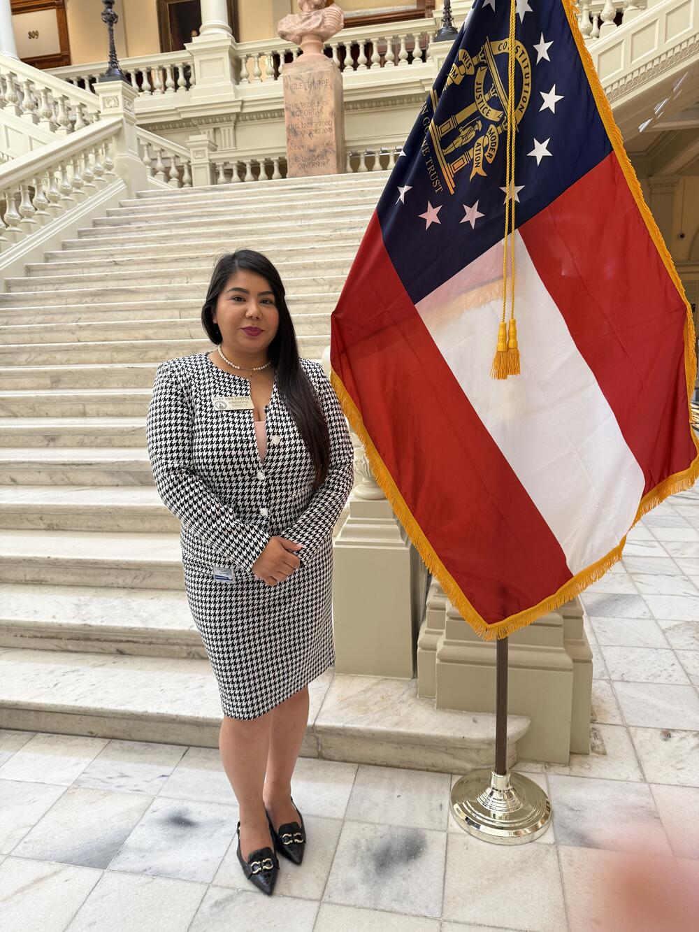 Rep. Mary Ann Santos (D-McDonough) poses near the steps of the Georgia Capitol in May, 2025.