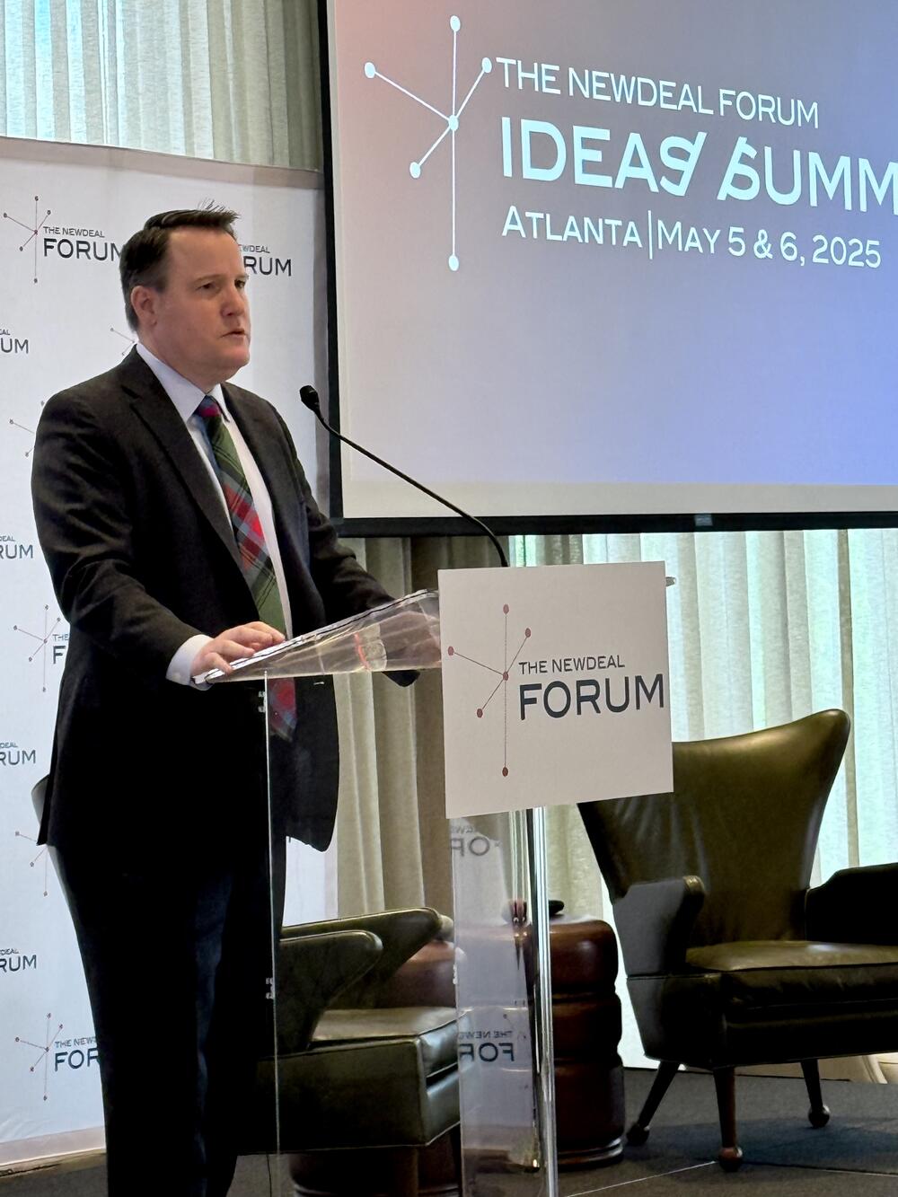 Georgia Rep. Scott Holcomb speaks at the NewDEAL Forum in Atlanta, May 5, 2025.