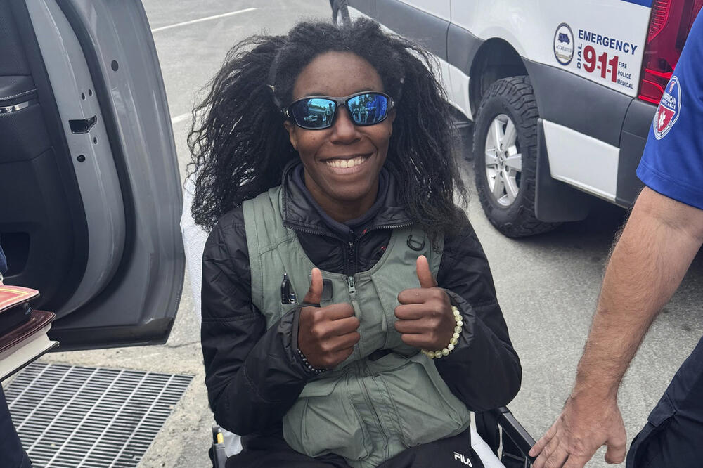 This image provide by the Fresno County Sheriff's Office, shows Tiffany Slaton, of Jeffersonville, Ga., when she was rescued in Fresno County, Calif. on Wednesday, May 14, 2025 after being reported missing in the High Sierra for three weeks. (Fresno County Sheriff's Office via AP)