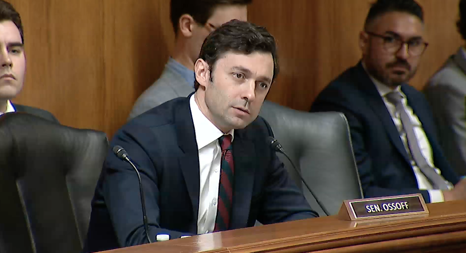 Georgia Sen. Jon Ossoff was seen questioning Environmental Protection Agency Administrator Lee Zeldin about why a federal grant that would help open a new health clinic in Thomasville, Georgia, was canceled at a hearing of the U.S. Senate Appropriations Subcommittee on Interior, Environment and Related Agencies on May 14, 2025. (Screenshot)