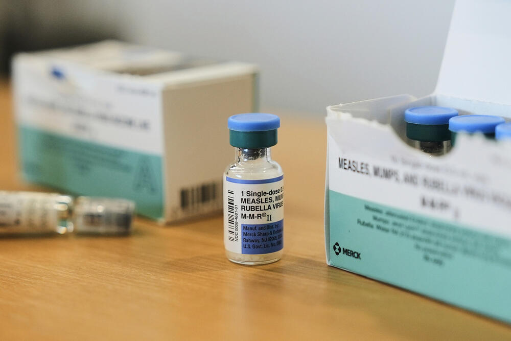 Vials for the measles, mumps and rubella vaccine are displayed at a clinic in Lubbock, Texas, on Feb. 26, 2025.