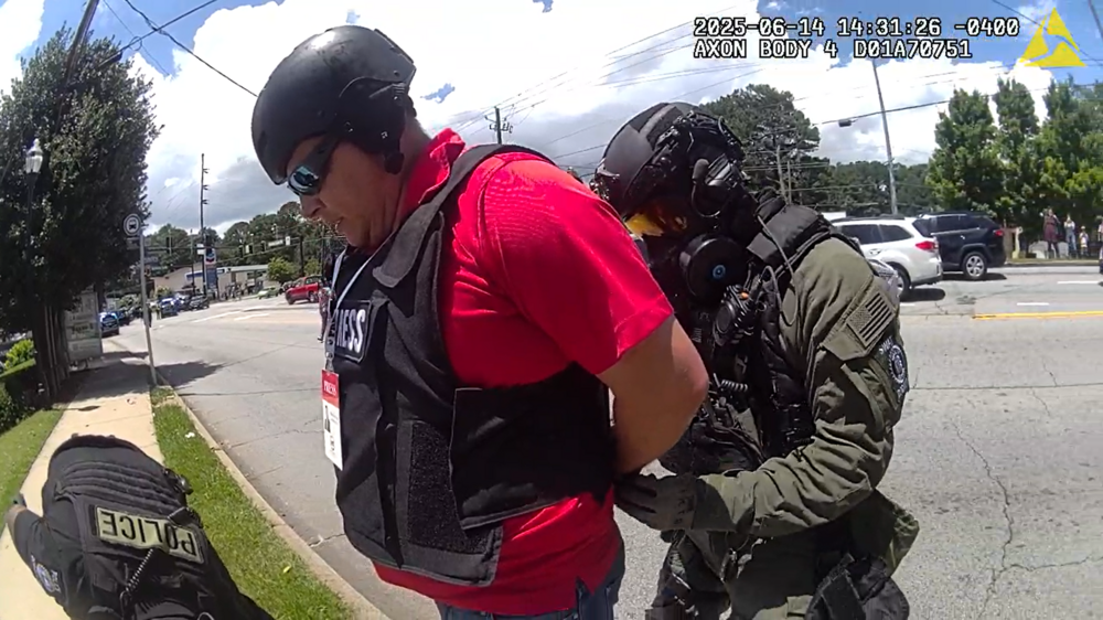 Doraville Police body cam showing the arrest of journalist Mario Guevara during a protest in Metro Atlanta on June 14, 2025. Screenshot