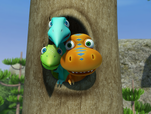 Buddy, Tiny, and Shiny from Dino Train are in a tree