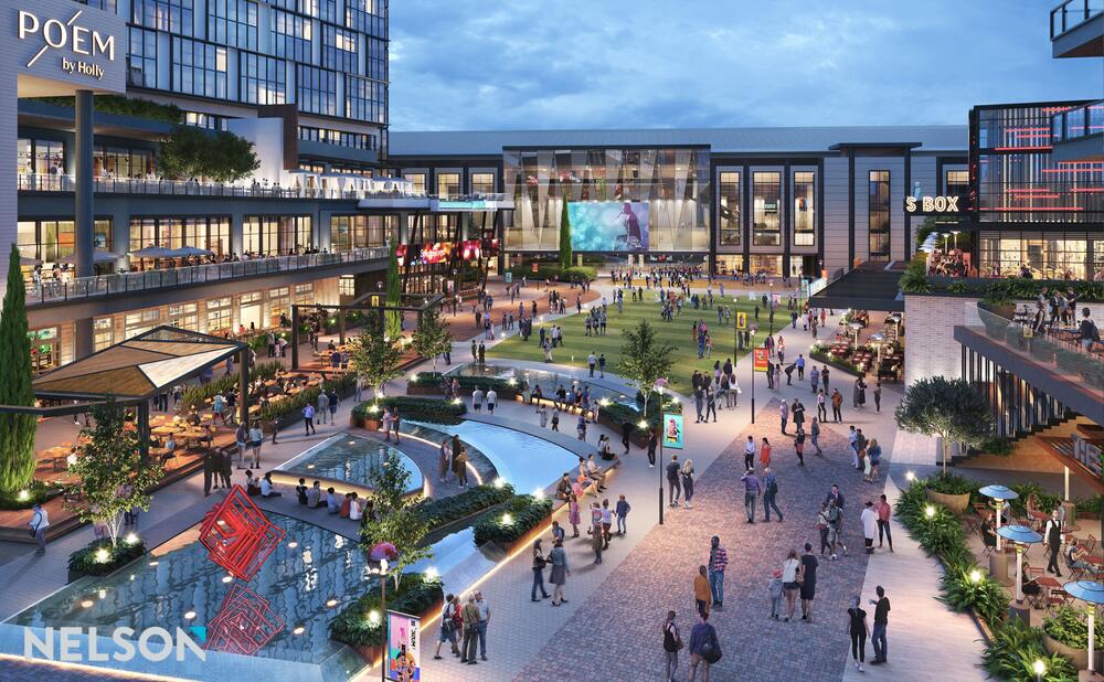 An artistic rendering showing a public plaza is shown.