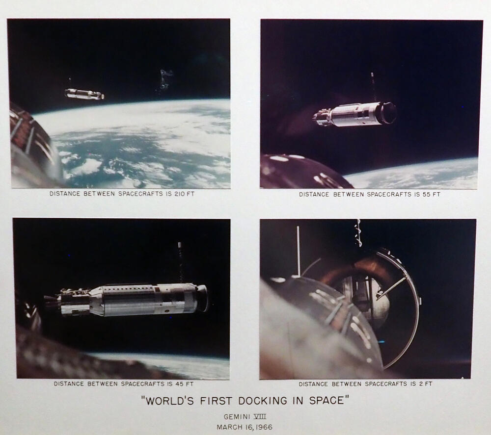 A quartet of photos of the Gemini 8 spacecraft docking in 1966
