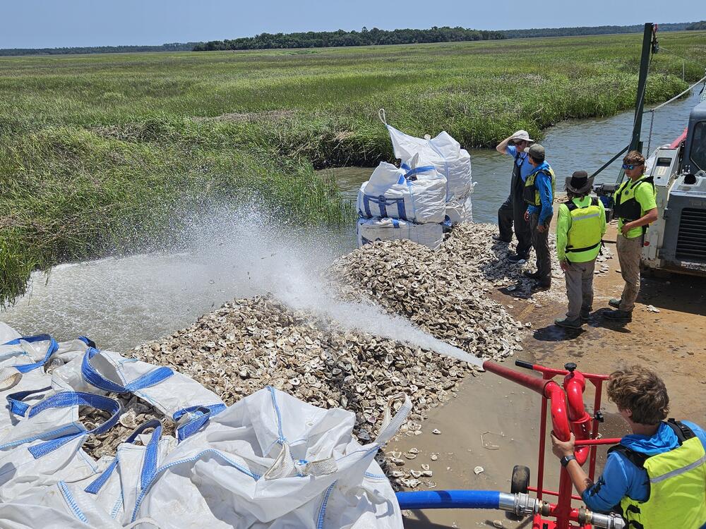 DNR crews use pressurized water to install loose shells along the banks of Teakettle Creek.