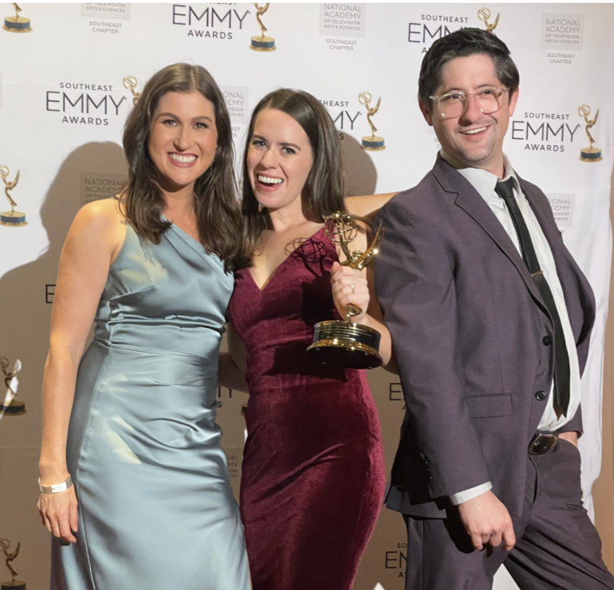 (L to R) Ashley Mengwasser, Mary Anne Lane, and Lex Hanson pose with their Emmy Award for Georgia's Forests Live Exploration.