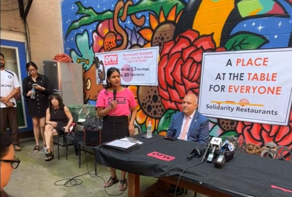 Saru Jayaraman speaks at the launch of the Solidarity Restaurants campaign in New York City on June 20.